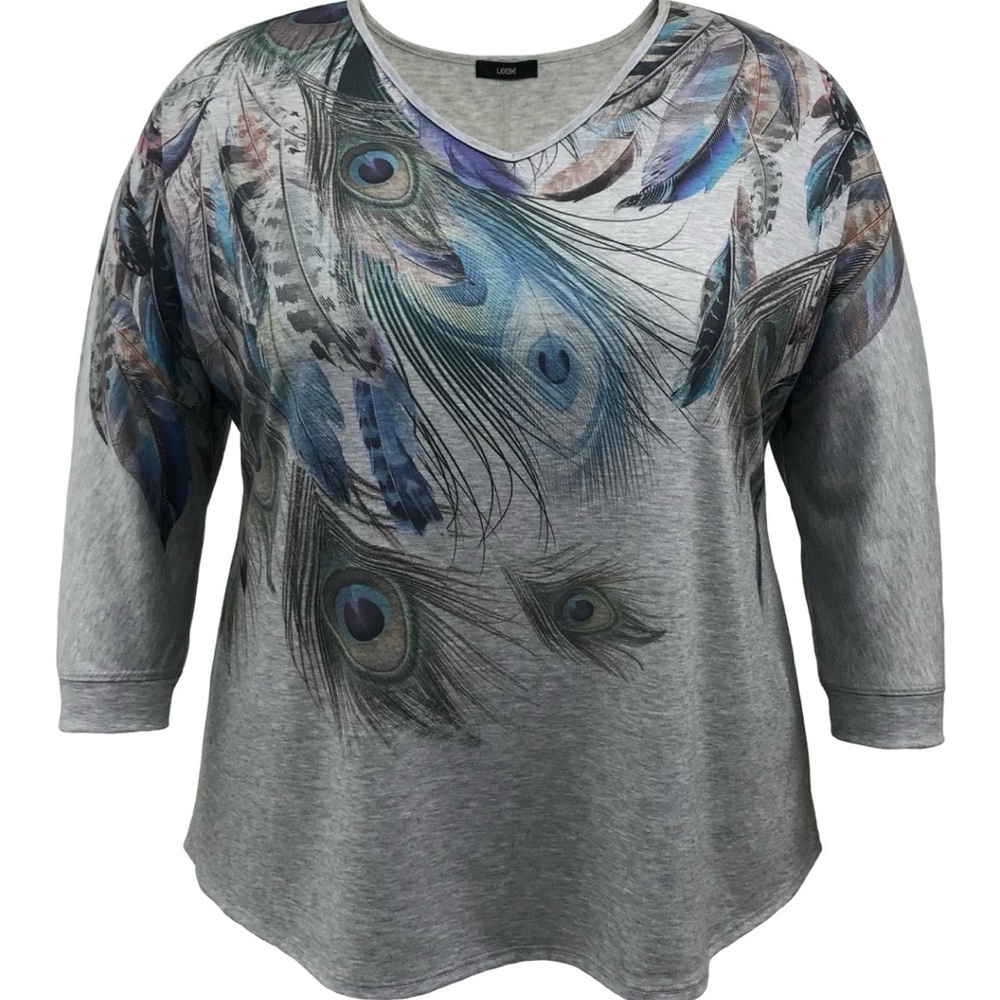 Leebe Gray Peacock Feather Print Women's 3/4 Sleeve Top